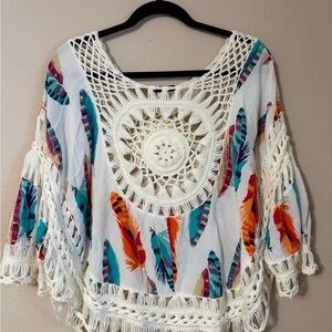 Vivid importers Bohemian Feather Print Crochet Top